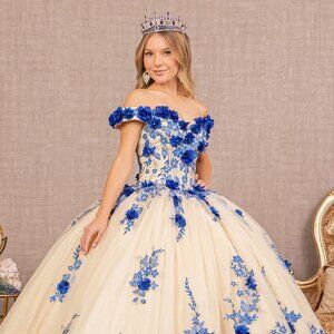 NEW FLOOR LENGTH BALL GOWN WITH FLORAL 3D APPLIQUE GLITTER & LACE UP BACK GL3105